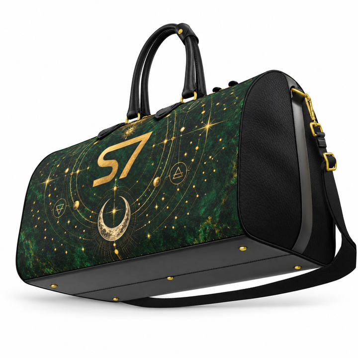 S7 Emerald Tablet bag featuring a gold S7 monogram, celestial sun and crescent moon artwork, and a deep emerald stone-effect background.