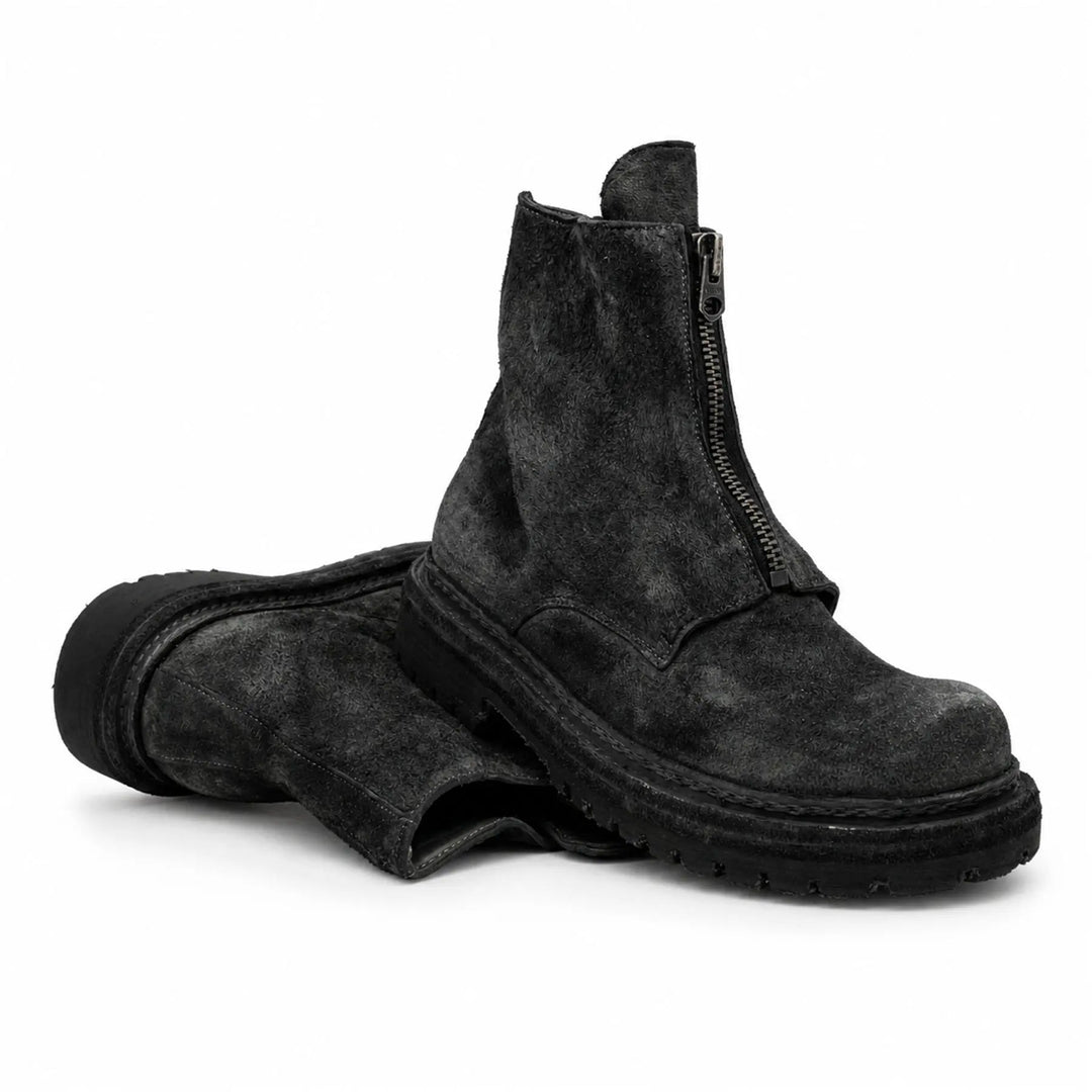 Black Plain-Toe Washed Horsehide Ankle Boots