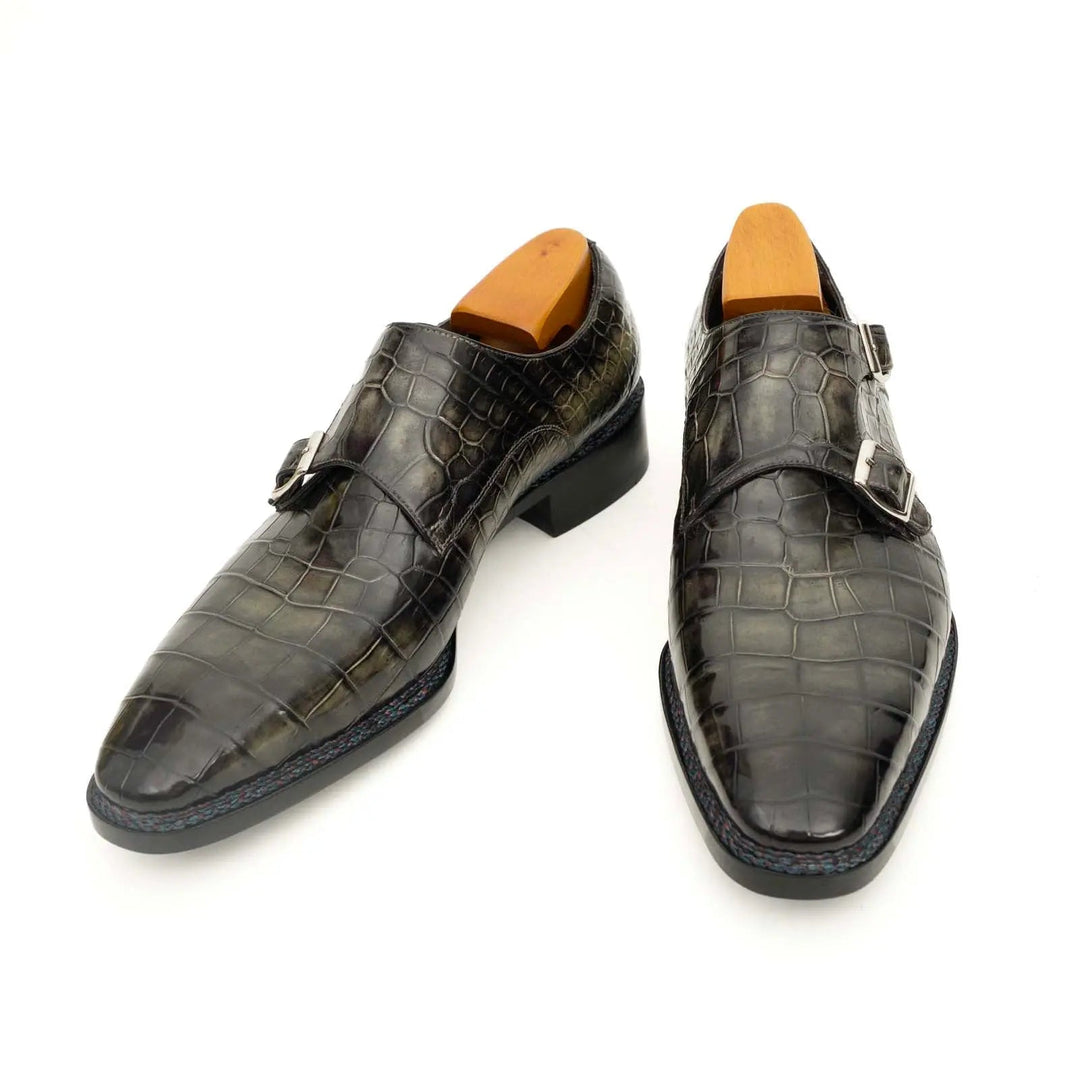 Dark Green Plain-Toe Crocodile Leather Monk Shoes