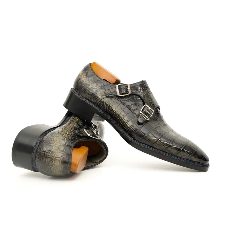 Dark Green Plain-Toe Crocodile Leather Monk Shoes