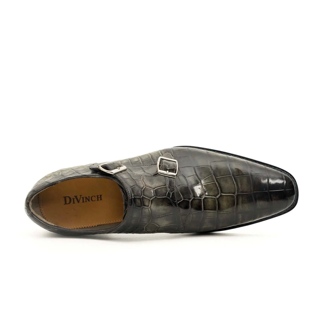 Dark Green Plain-Toe Crocodile Leather Monk Shoes