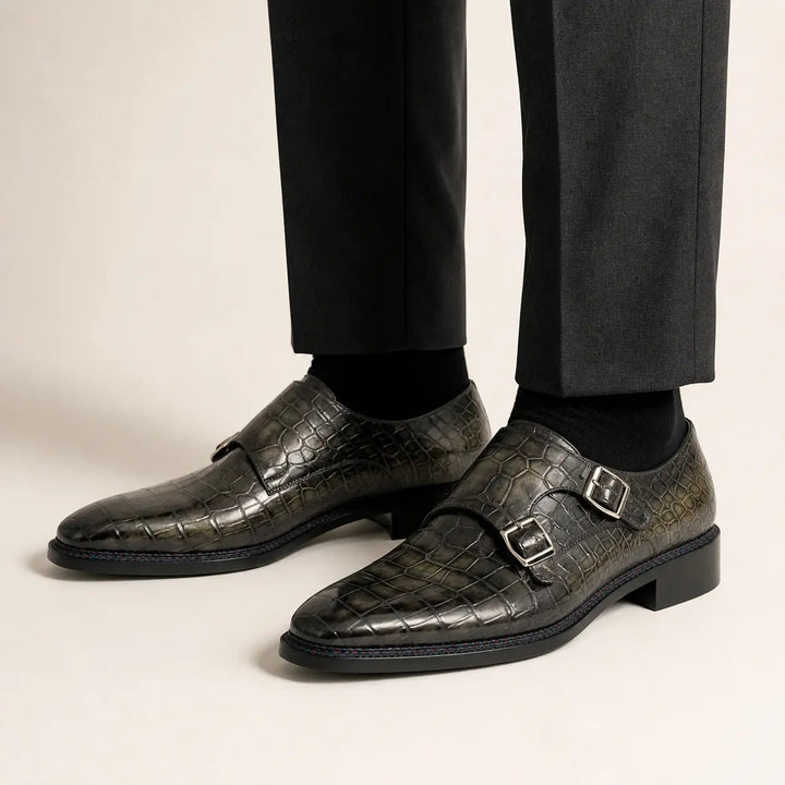 Dark Green Plain-Toe Crocodile Leather Monk Shoes