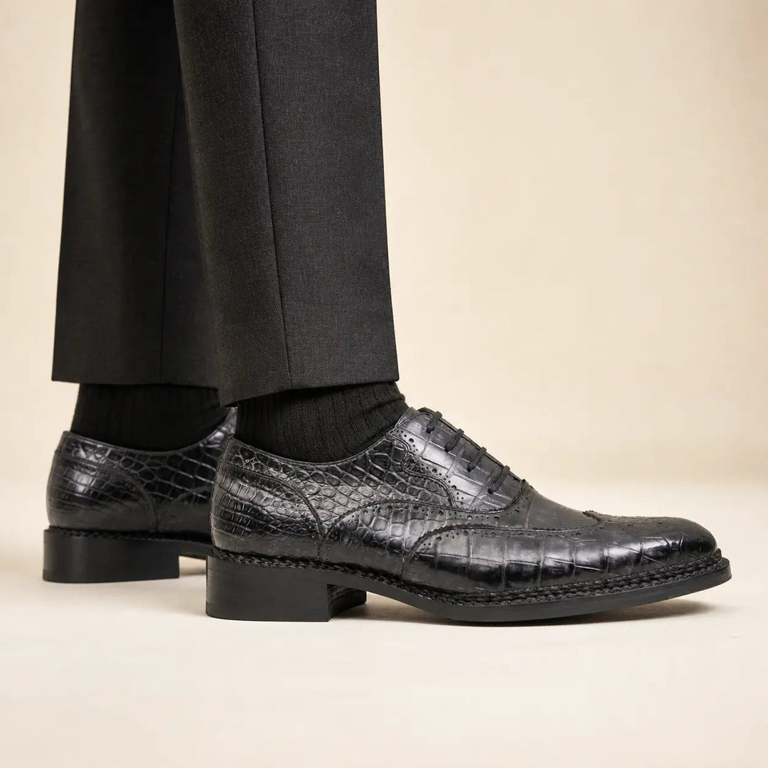 Black Grey Crocodile Oxford Shoes Goodyear Norwegian 8017