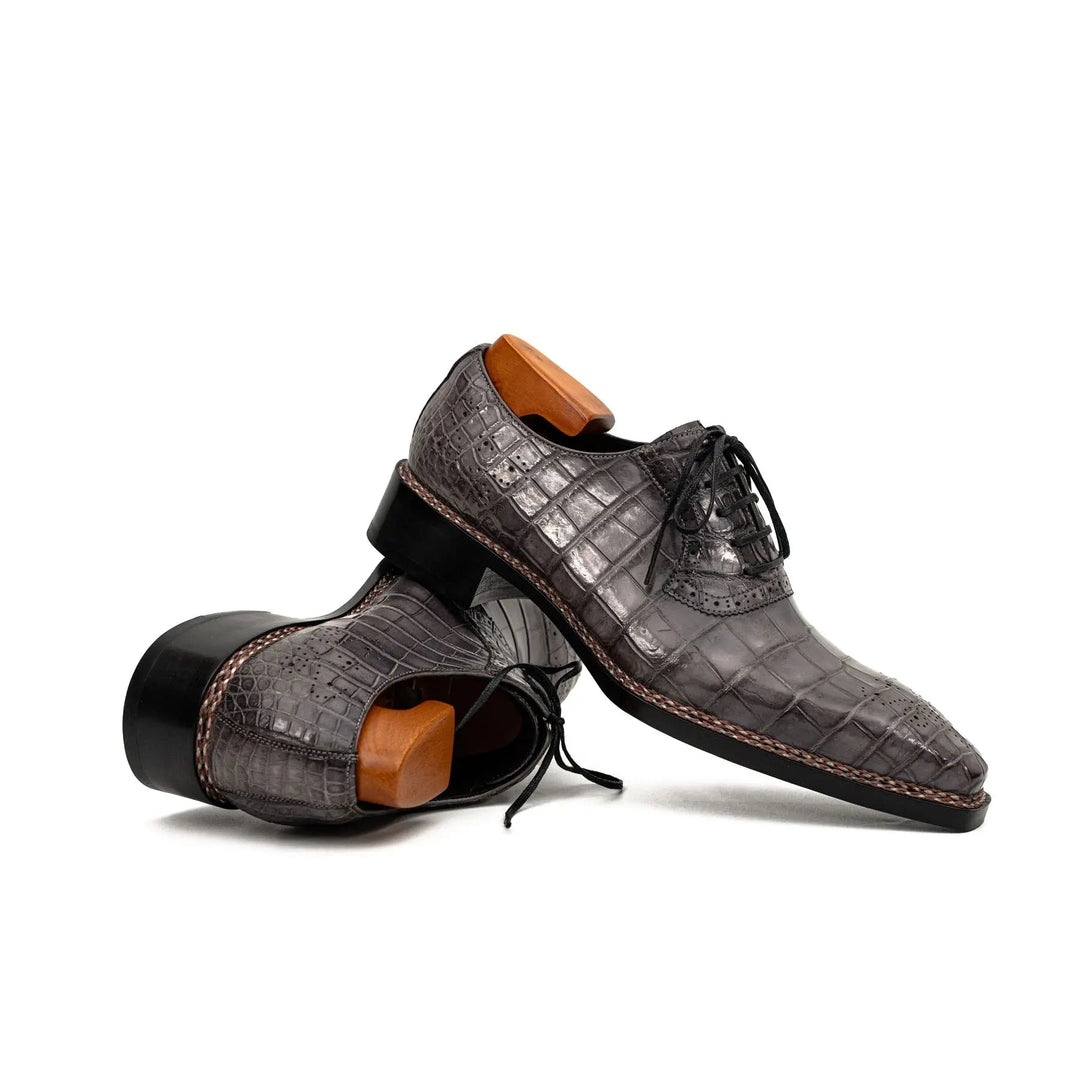 Gray Crocodile Leather Lace-Up Dress Shoes