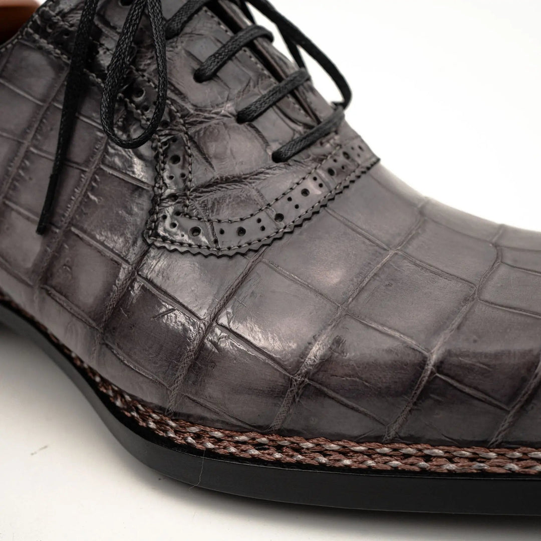 Gray Crocodile Leather Lace-Up Dress Shoes