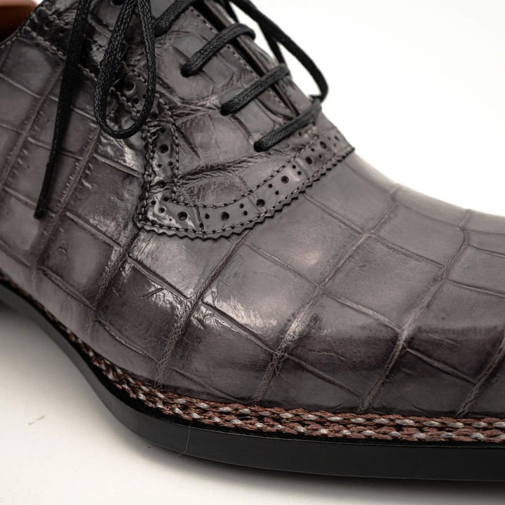 Gray Crocodile Leather Lace-Up Dress Shoes