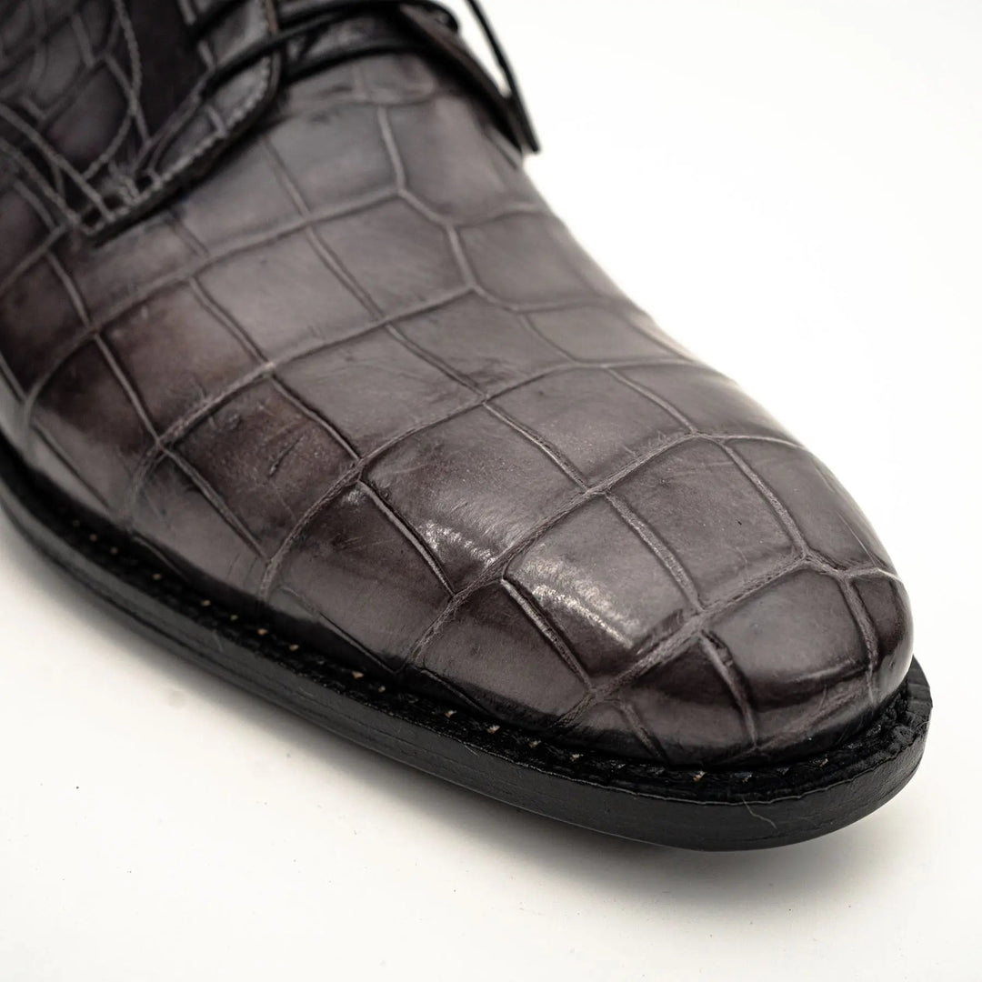 Gray Plain-Toe Crocodile Leather Derby Shoes