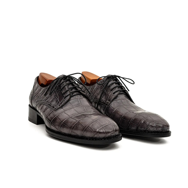 Gray Plain-Toe Crocodile Leather Derby Shoes