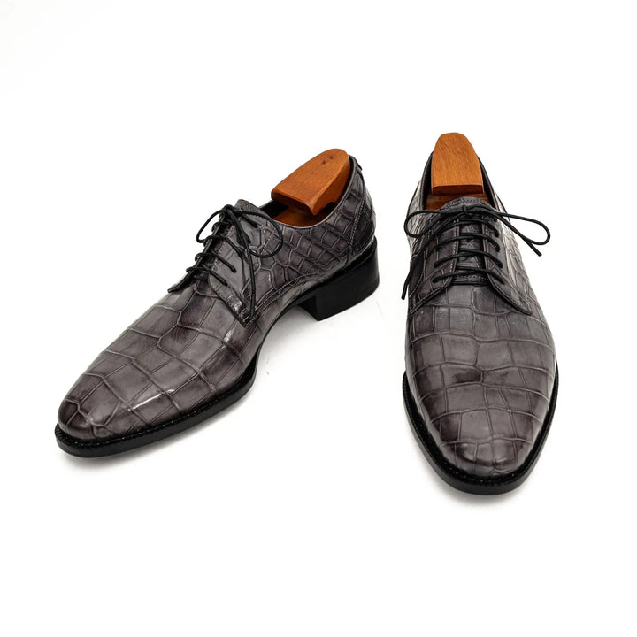 Gray Plain-Toe Crocodile Leather Derby Shoes