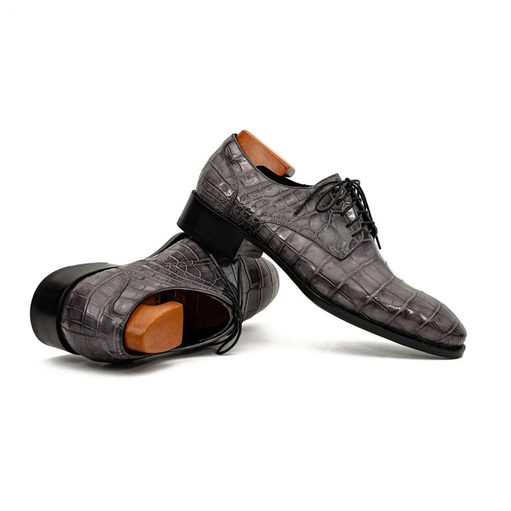 Gray Plain-Toe Crocodile Leather Derby Shoes