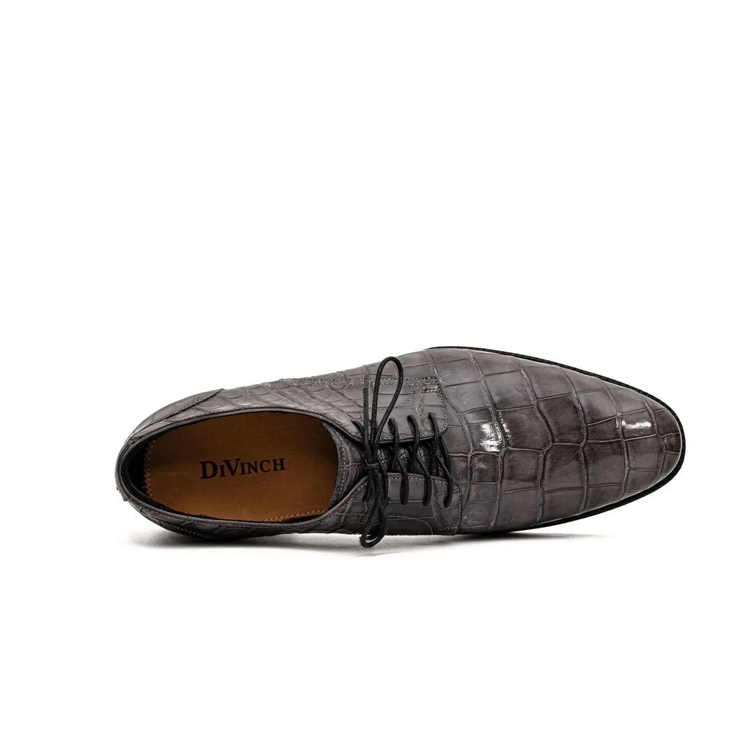 Gray Plain-Toe Crocodile Leather Derby Shoes