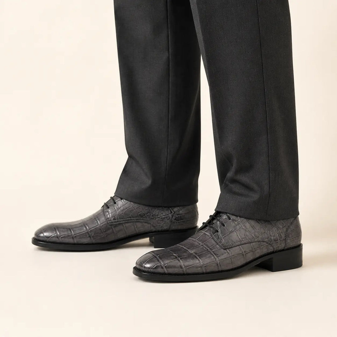 Gray Plain-Toe Crocodile Leather Derby Shoes