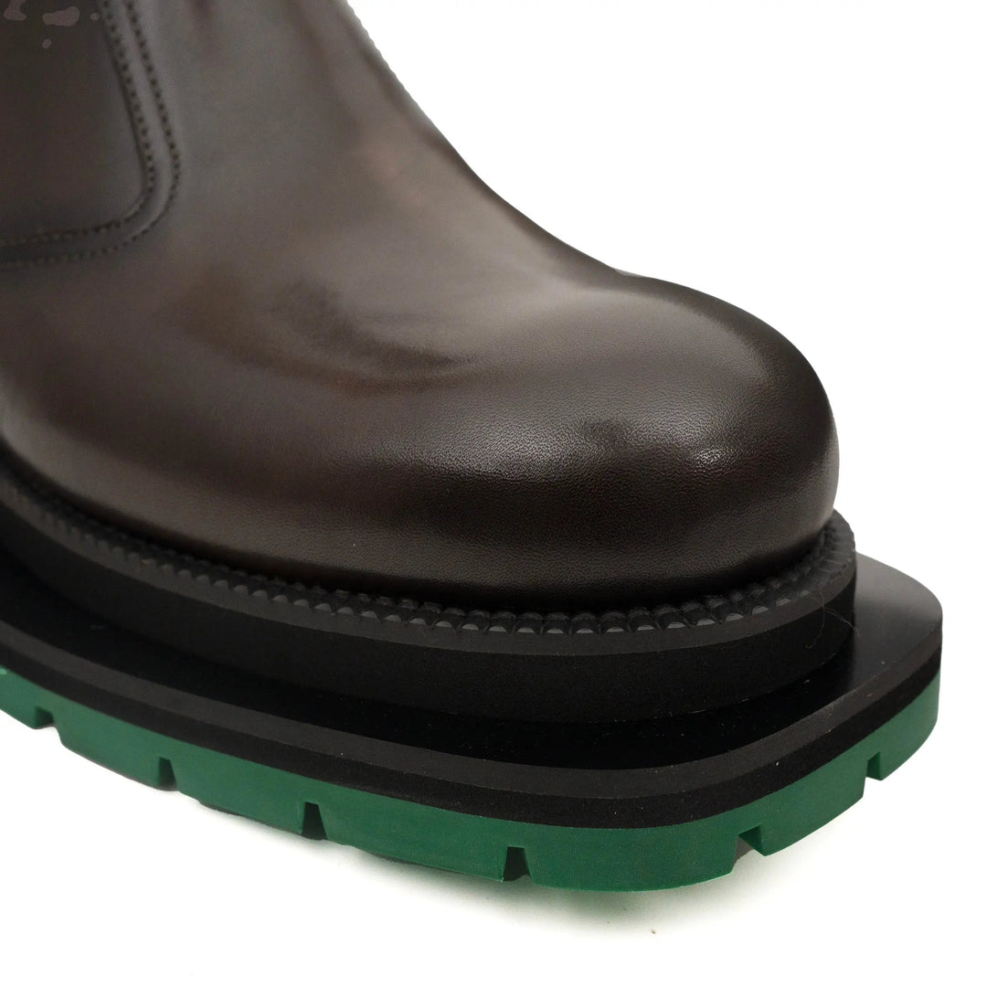 Dark Brown Glossy Platform Plain-Toe Chelsea Ankle Boot