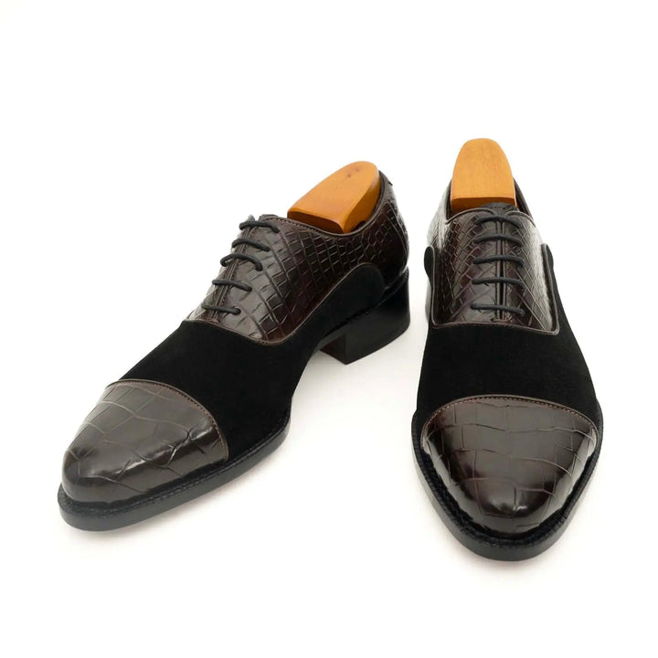 Brown-Black Cap-Toe Crocodile Leather Oxford Shoes
