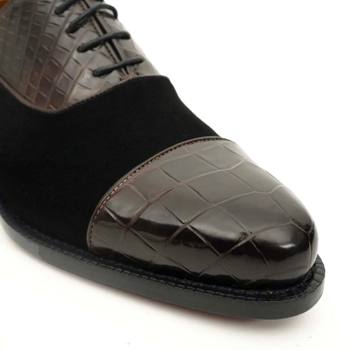 Brown-Black Cap-Toe Crocodile Leather Oxford Shoes