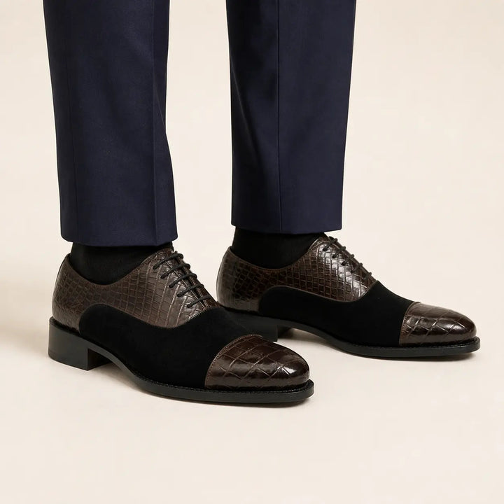 Brown-Black Cap-Toe Crocodile Leather Oxford Shoes
