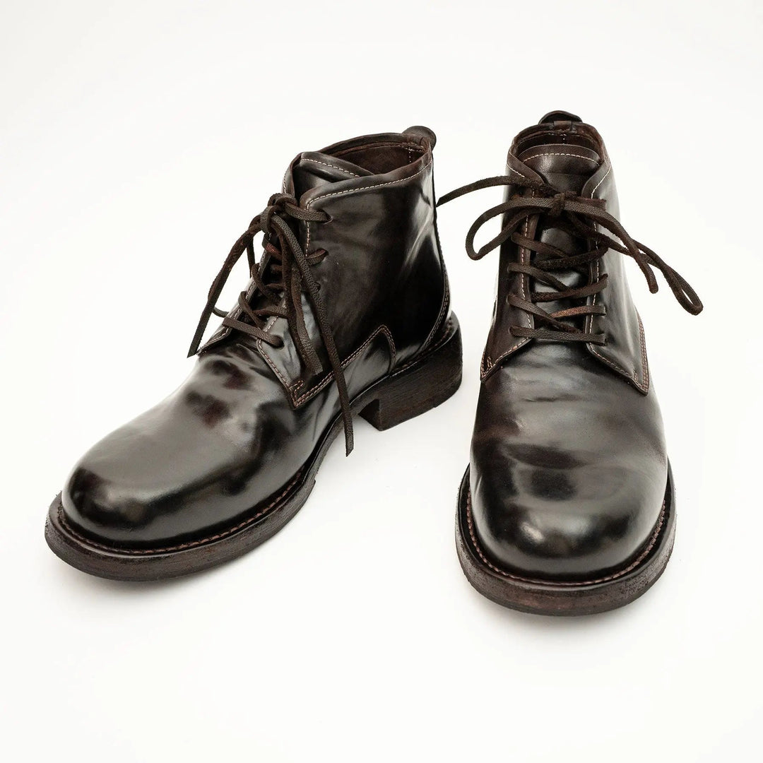 Dark Brown Plain-Toe Horse Butt Leather Ankle Boots