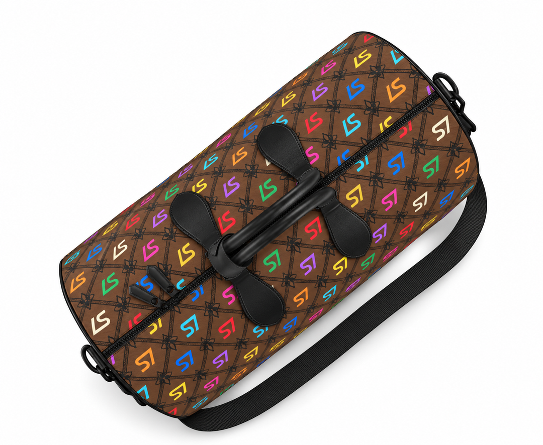 S7 Café Chromatique duffle bag with multicolor S7 monograms, coffee-brown background, black ornate lattice, black side panels, and shoulder strap.