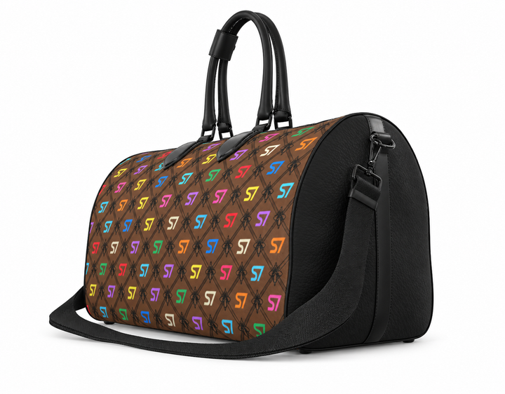 S7 Café Chromatique duffle bag with multicolor S7 monograms, coffee-brown background, black ornate lattice, black side panels, and shoulder strap.