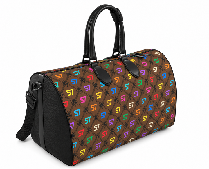 S7 Café Chromatique duffle bag with multicolor S7 monograms, coffee-brown background, black ornate lattice, black side panels, and shoulder strap.