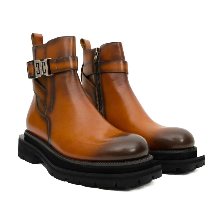 Tan Plain-Toe Cow Leather Buckle Ankle Boots