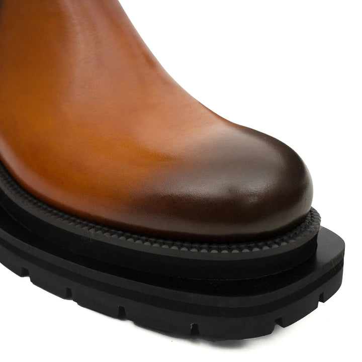 Tan Plain-Toe Cow Leather Buckle Ankle Boots