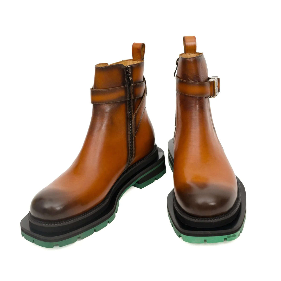Cognac Cow Leather Buckle Ankle Boots with Green Sole