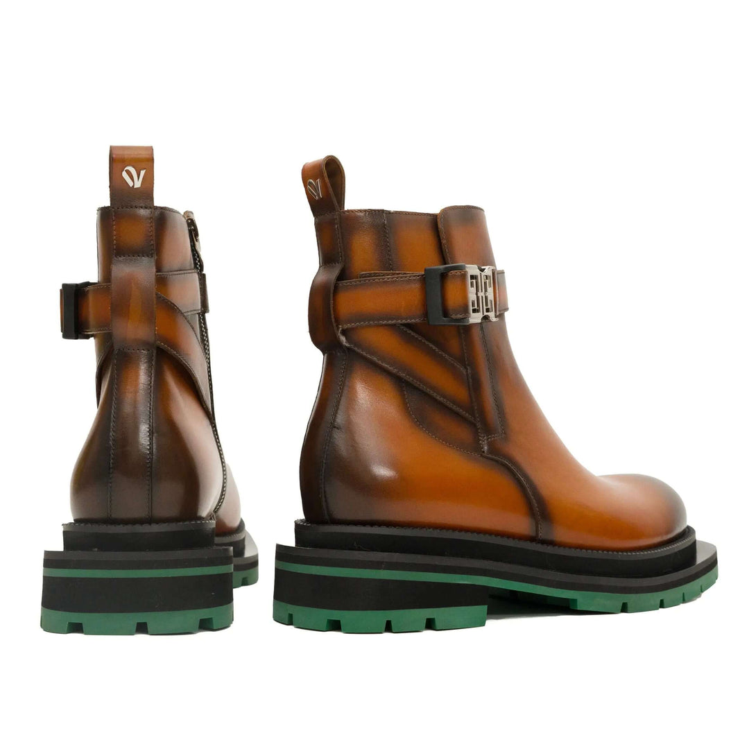 Cognac Cow Leather Buckle Ankle Boots with Green Sole