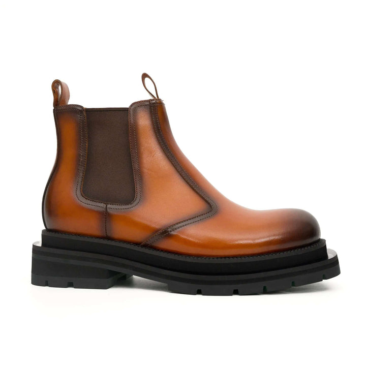 Orange-Brown Plain-Toe Cow Leather Ankle Boots