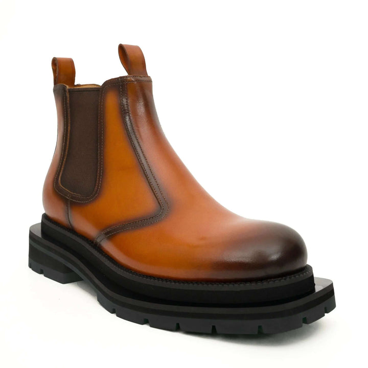 Orange-Brown Plain-Toe Cow Leather Ankle Boots