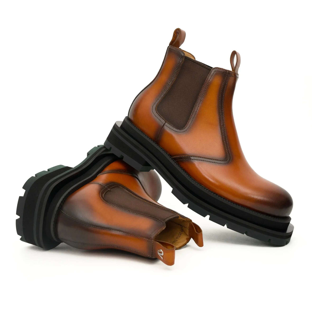 Orange-Brown Plain-Toe Cow Leather Ankle Boots
