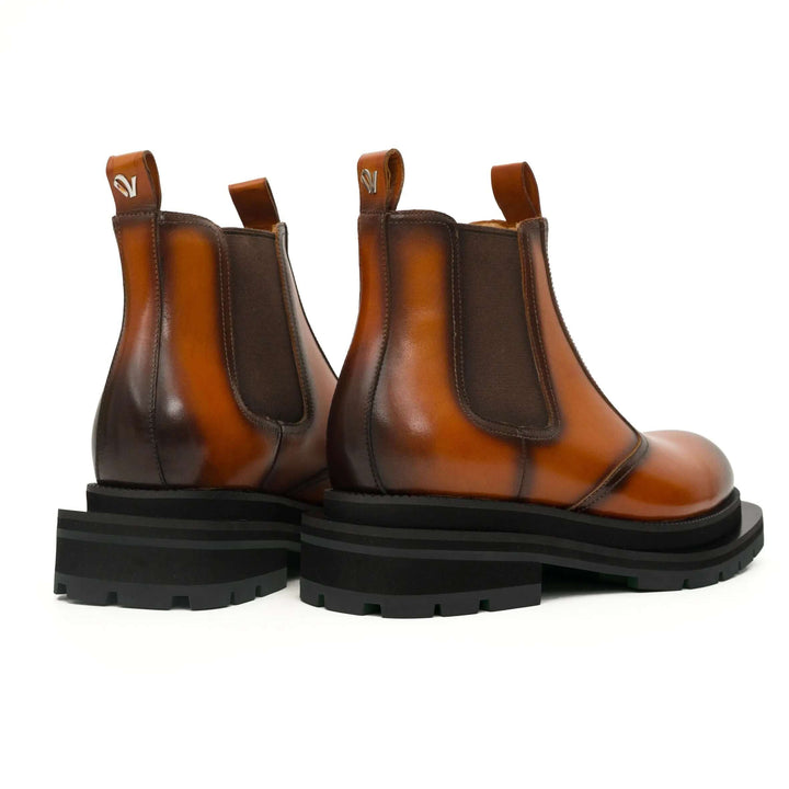 Orange-Brown Plain-Toe Cow Leather Ankle Boots