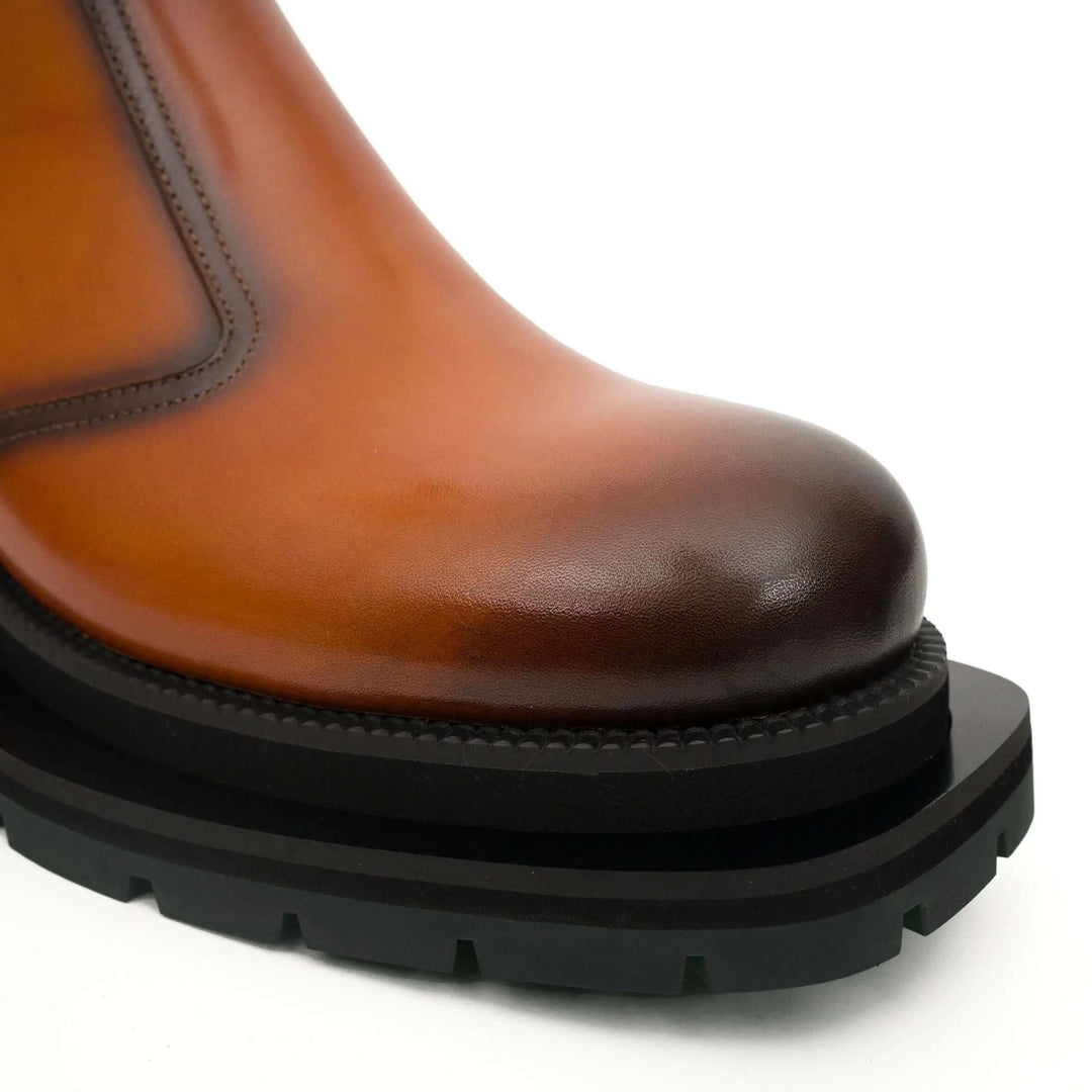 Orange-Brown Plain-Toe Cow Leather Ankle Boots