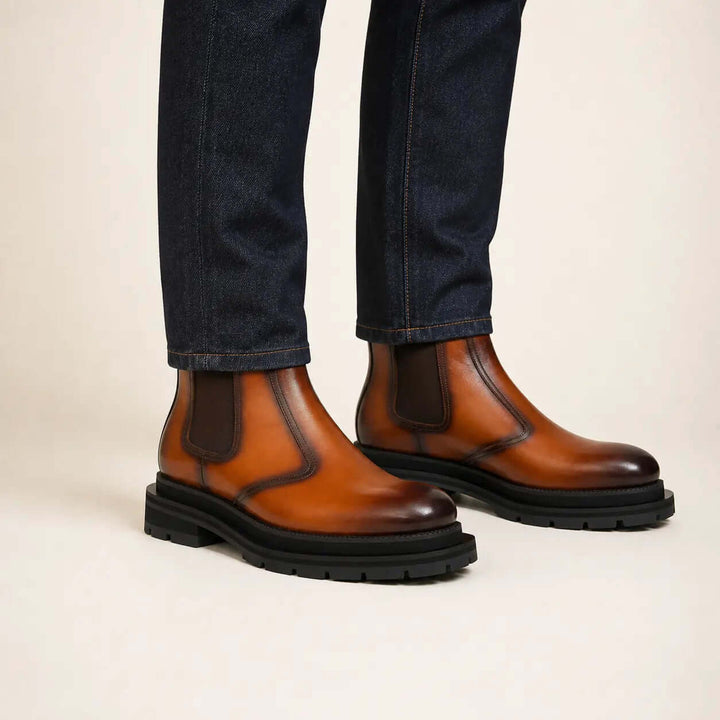 Orange-Brown Plain-Toe Cow Leather Ankle Boots