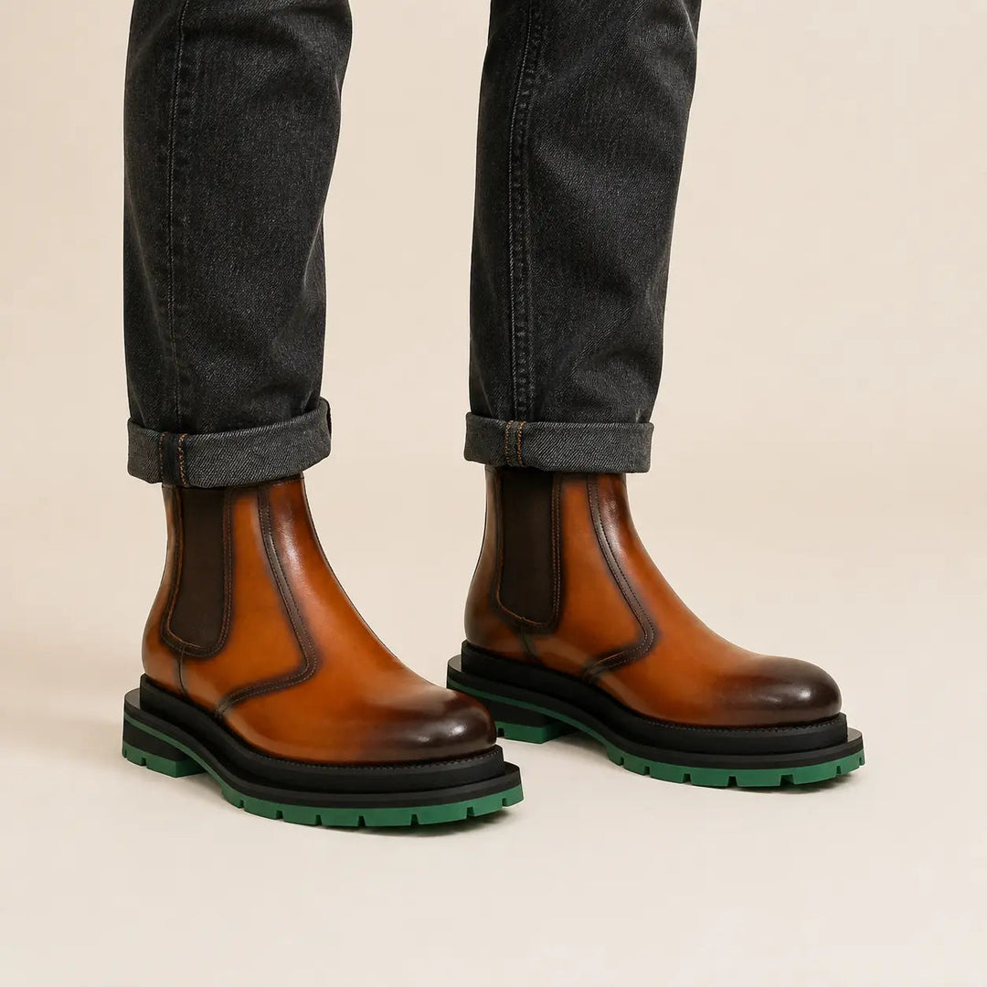 Orange-Brown Plain-Toe Cow Leather Ankle Boots