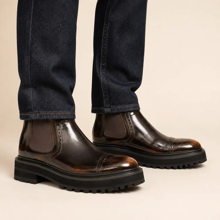 Brown Wingtip Calf Leather Chelsea Boots
