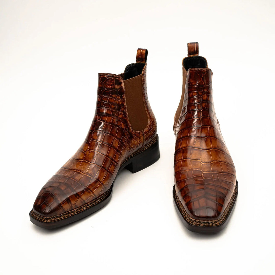 Orange Plain-Toe Crocodile Leather Ankle Boots