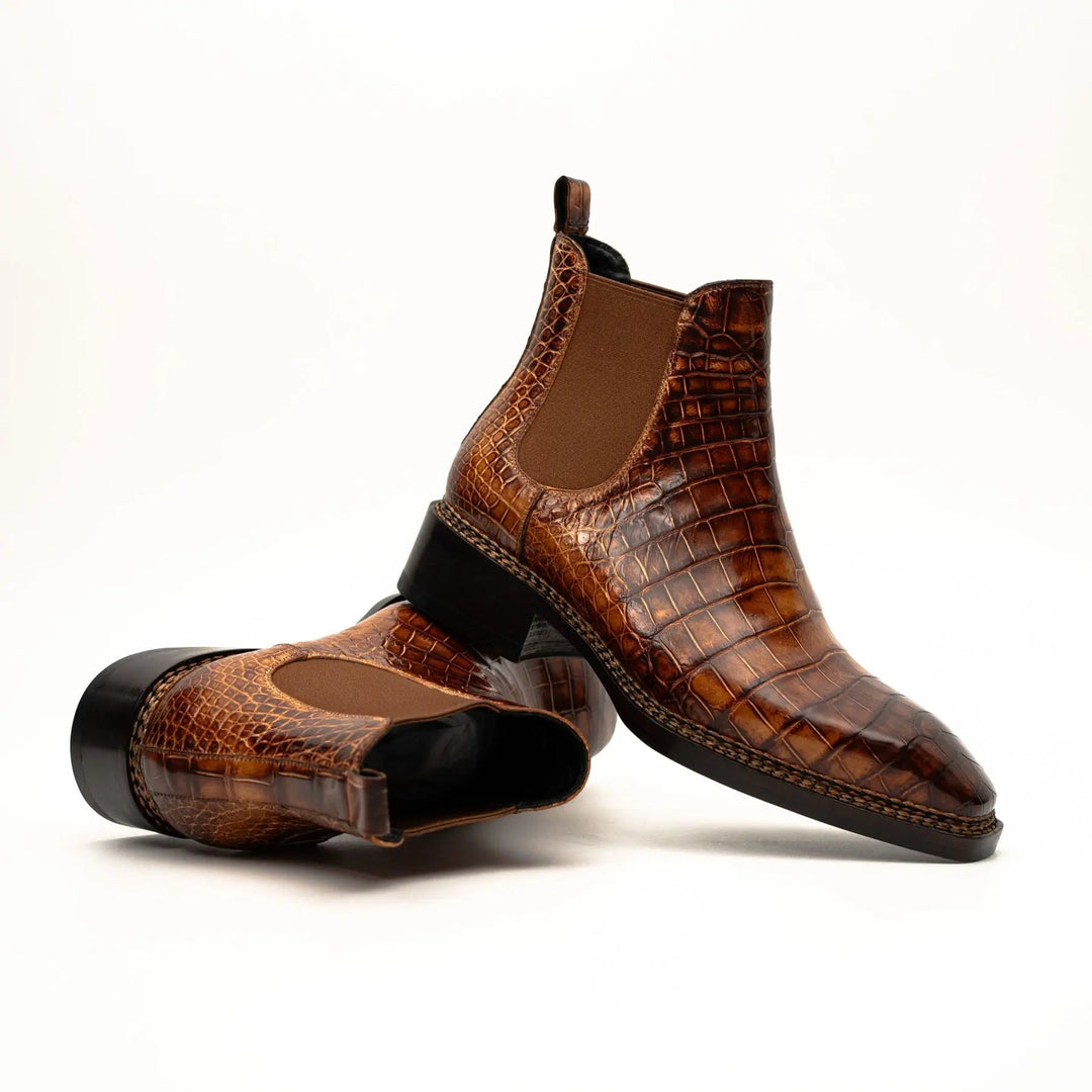 Orange Plain-Toe Crocodile Leather Ankle Boots