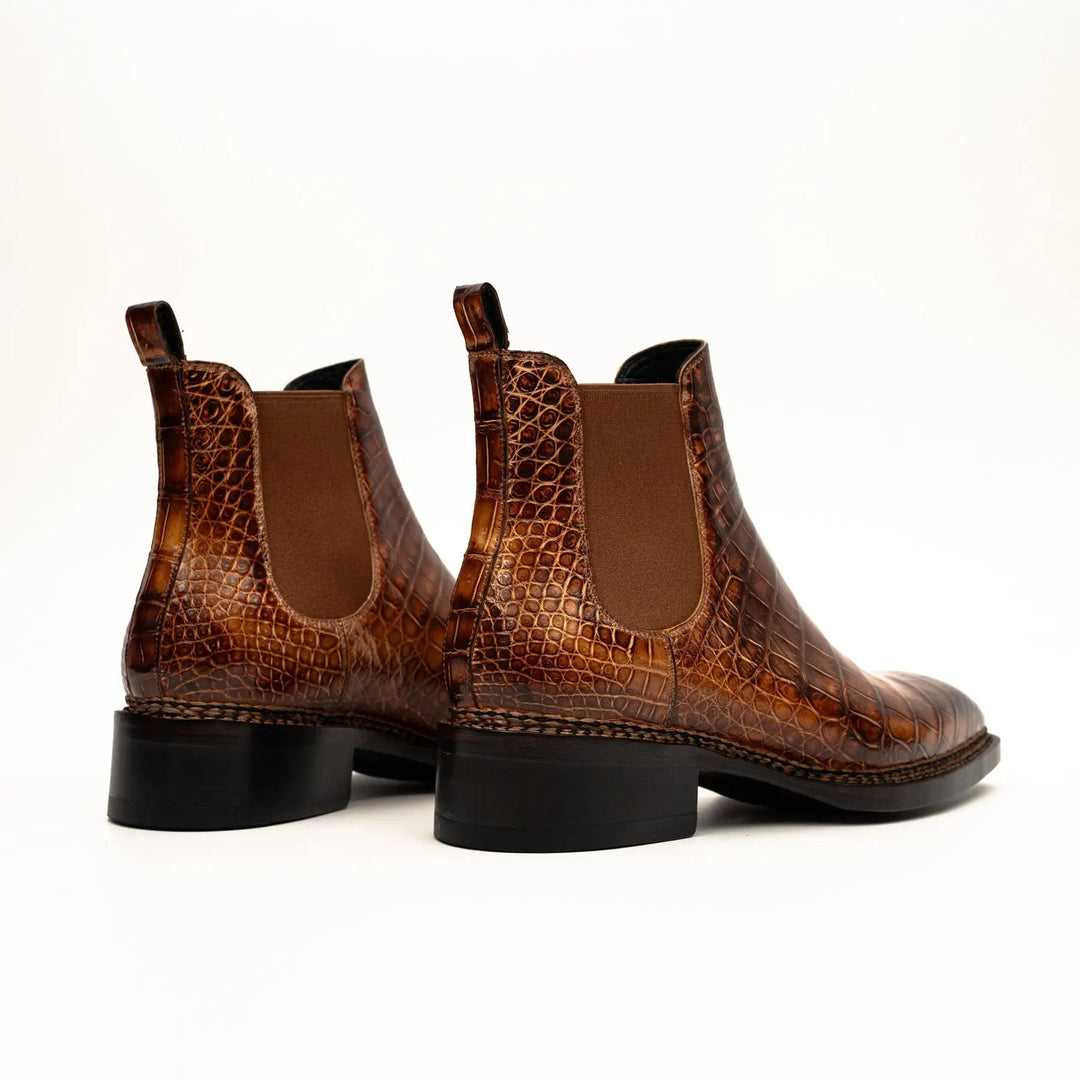 Orange Plain-Toe Crocodile Leather Ankle Boots