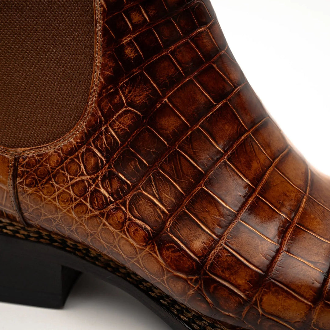 Orange Plain-Toe Crocodile Leather Ankle Boots