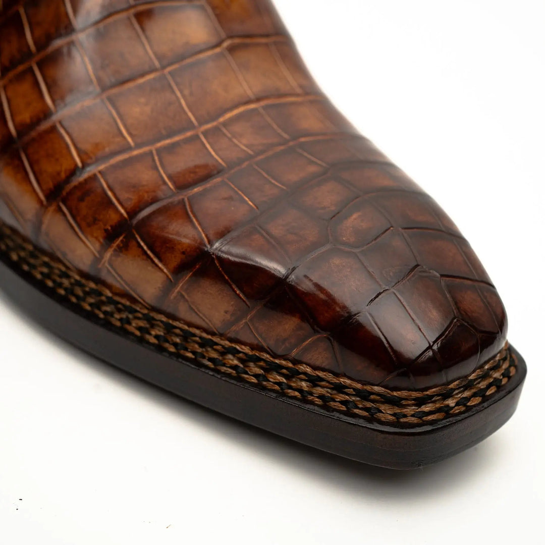 Orange Plain-Toe Crocodile Leather Ankle Boots
