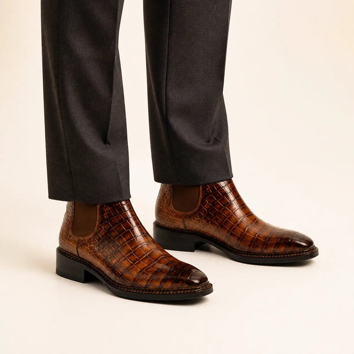 Orange Plain-Toe Crocodile Leather Ankle Boots