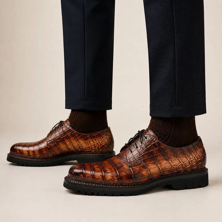 Brown-Black Crocodile Leather Derby Shoes