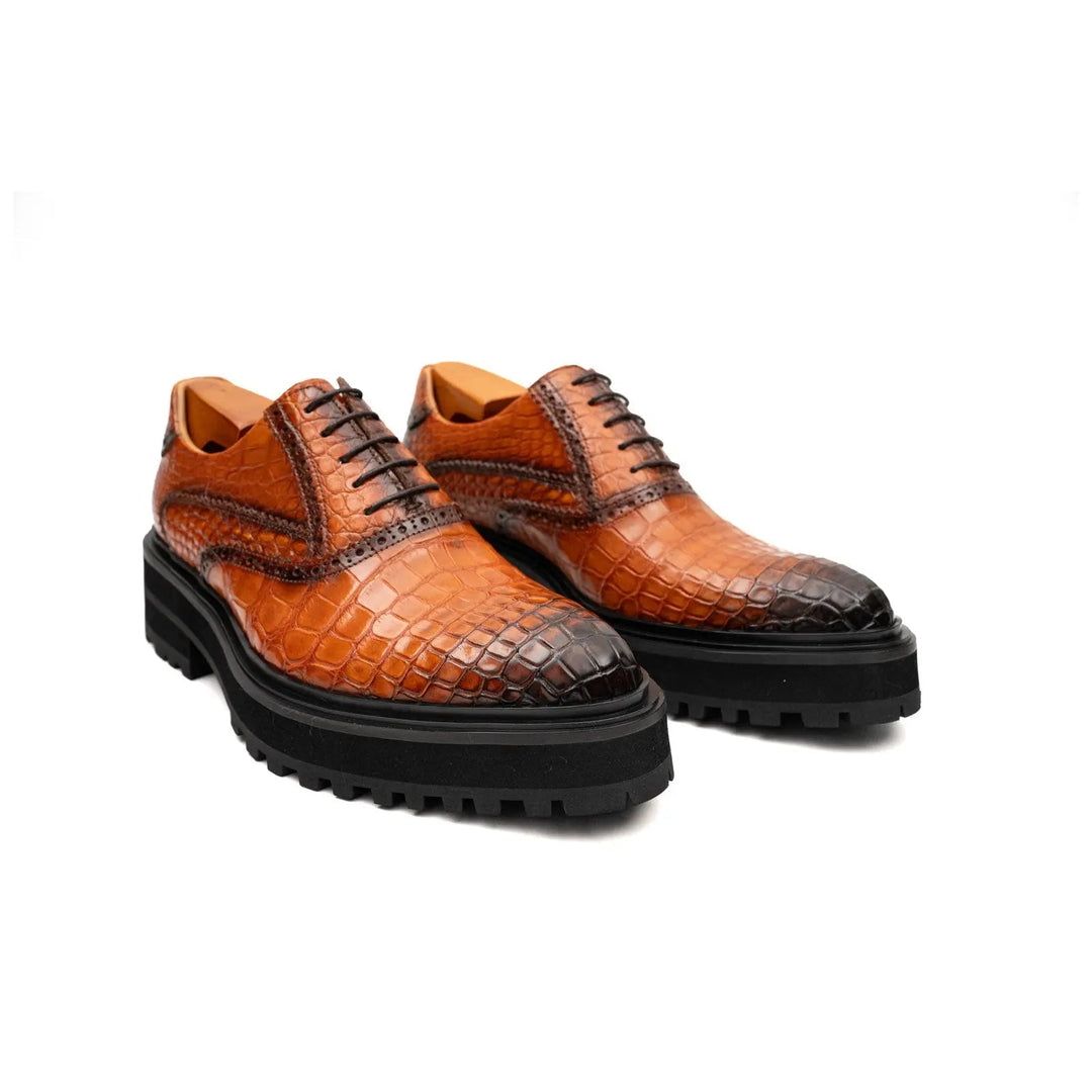 Orange-Brown Wingtip Crocodile Leather Oxford Shoes