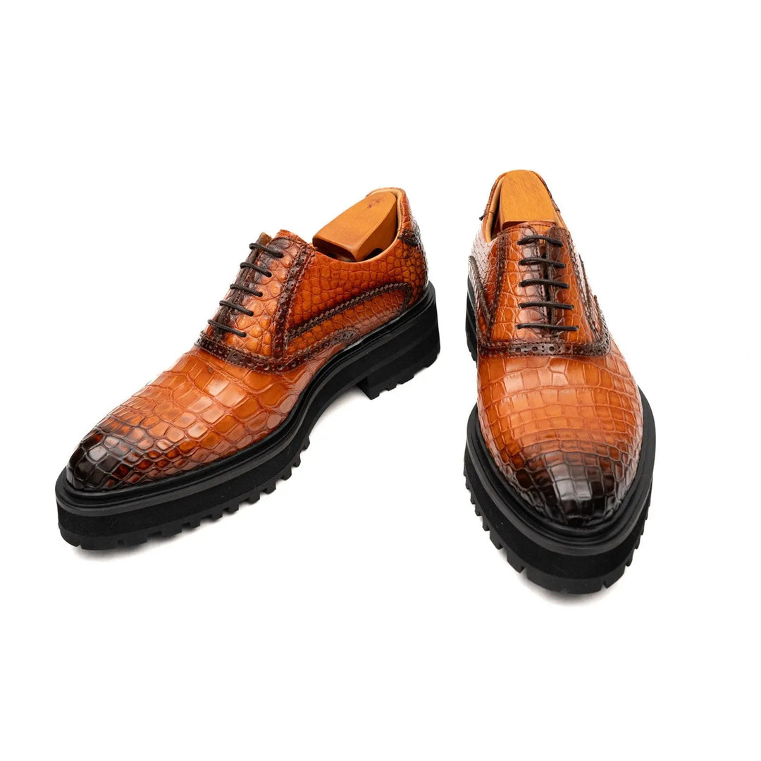 Orange-Brown Wingtip Crocodile Leather Oxford Shoes