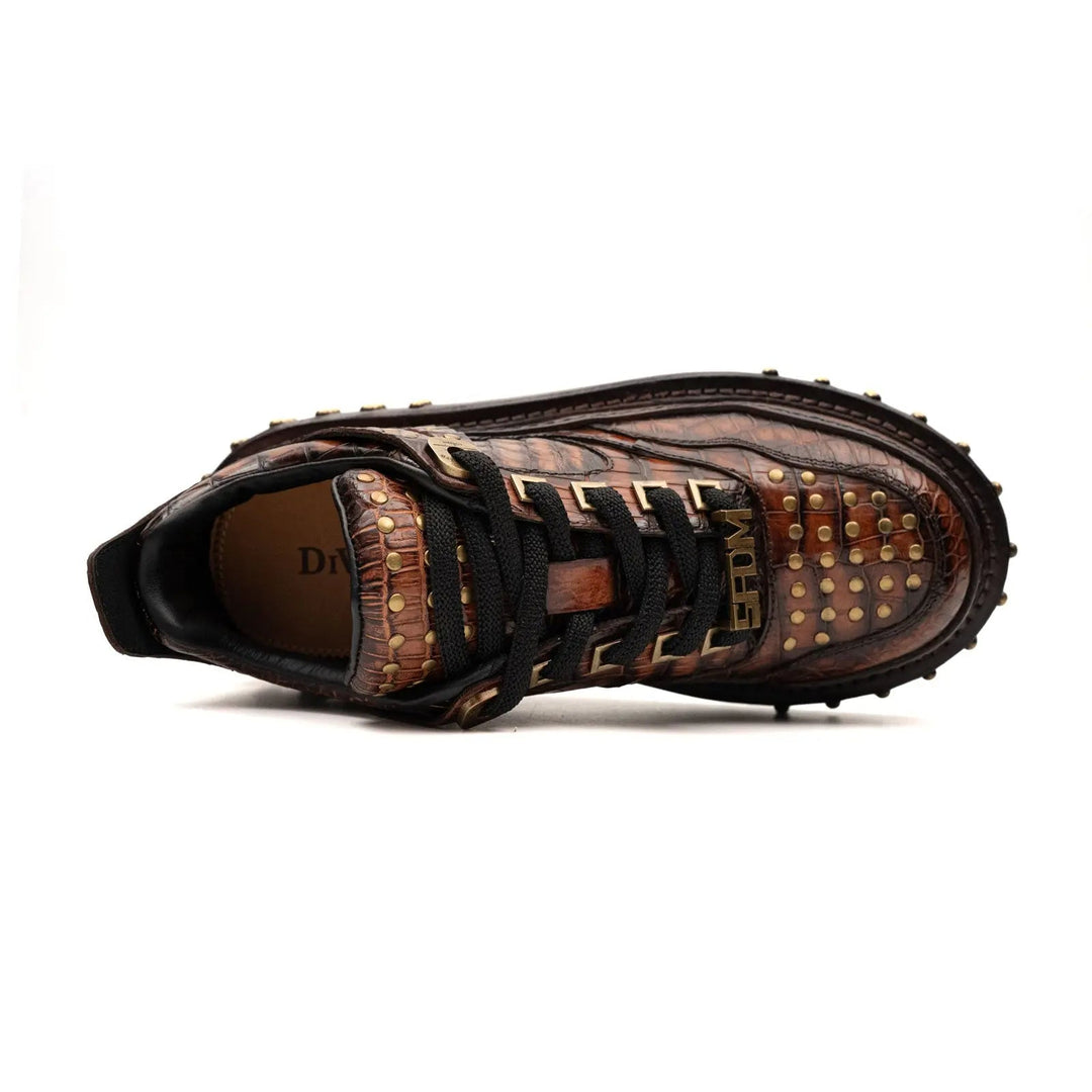 Brown Studded Crocodile Leather Sneakers