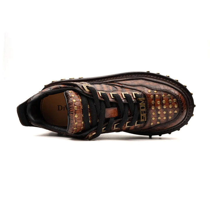 Brown Studded Crocodile Leather Sneakers
