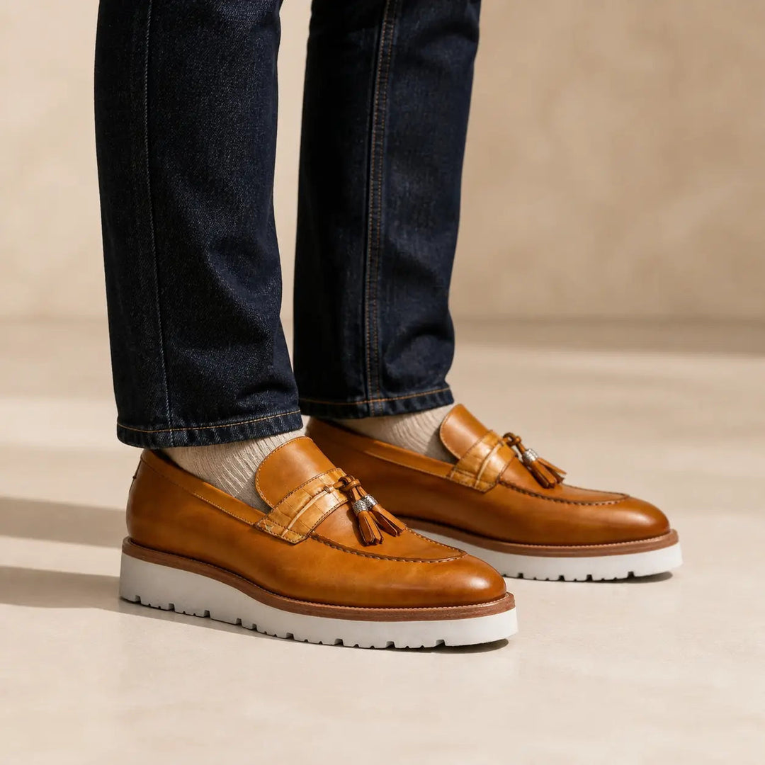 Tan Cow Leather Tassel Loafers