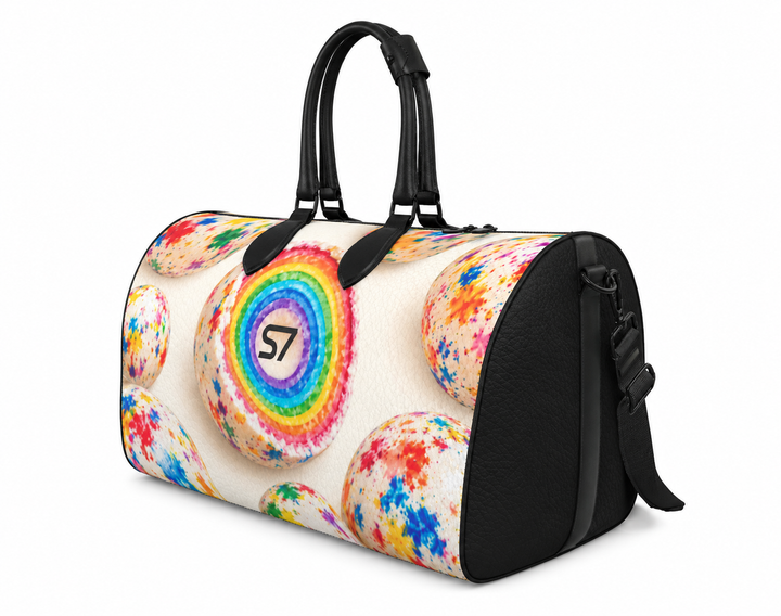 A duffel bag with a black side panel and handles, featuring a white front panel decorated with colorful psychedelic donut illustrations and a central rainbow spiral design.