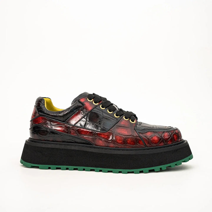 Red Apron-Toe Crocodile Leather Sneakers